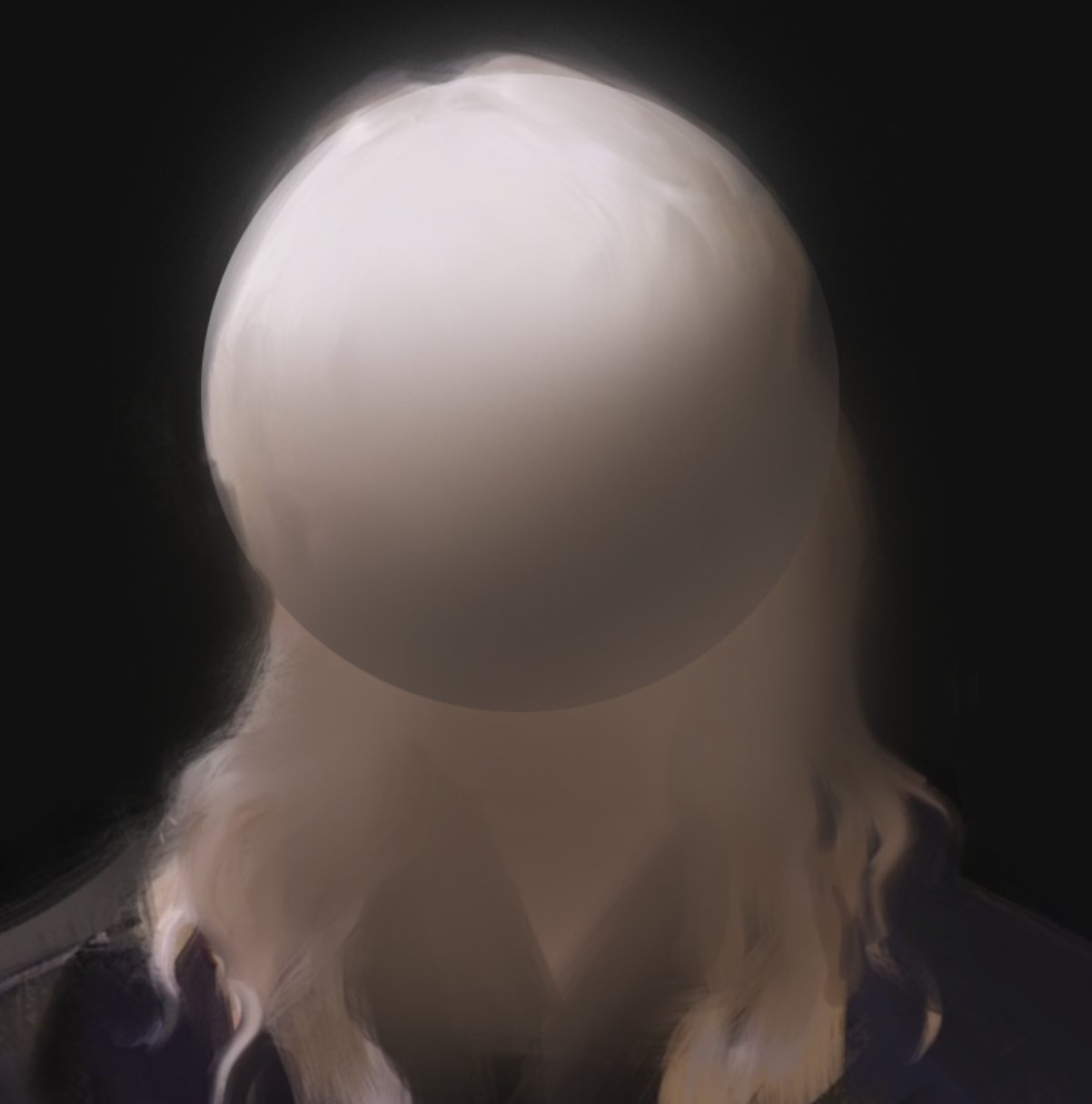 a digital illustration of a woman with long blonde hair. her head is obscured by a large, white orb, leaving only her hair and shoulders visible. the background is dark and mysterious. the image is abstract and evocative, with a dreamlike quality. it could be interpreted in many ways, but it is likely a representation of the mystery of the human mind, the power of imagination, or the hidden depths of the soul.