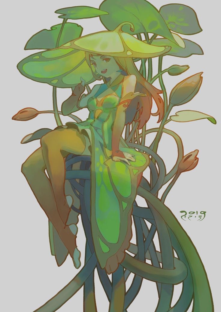 he image is a digital painting of a fantasy female character. she has long blonde hair and is wearing a green dress with a large, lotuslike hat.  she is sitting amongst intertwined plant stems that resemble lotus plants, which create a complex and organic background. the style is animeinfluenced, with a focus on vibrant colors and intricate details in both the character's attire and the surrounding vegetation. the overall impression is whimsical and elegant. the artist's signature and the year "2019" are visible in the bottom right corner.