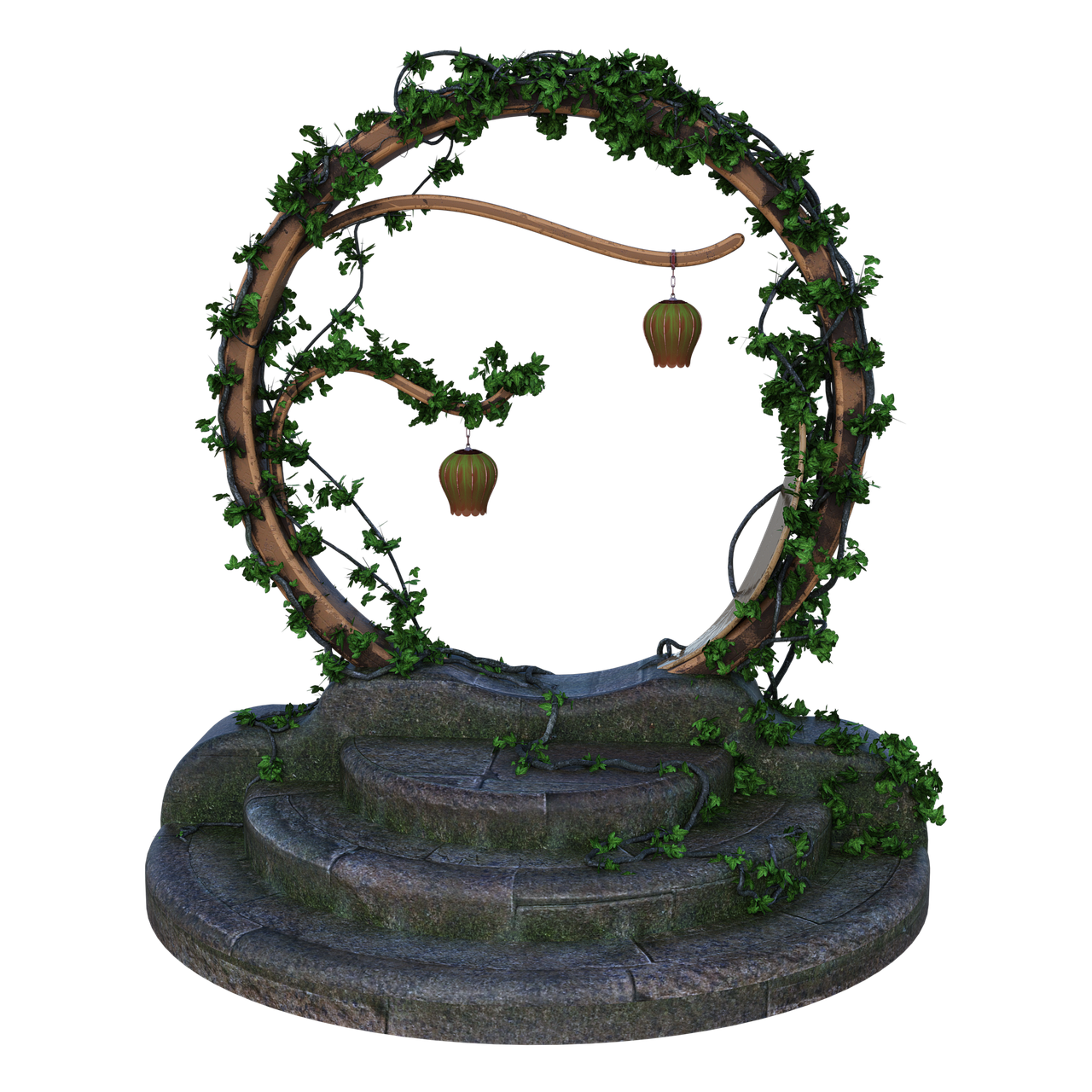 a fantastical scene of a stone staircase leading to a circle portal. the portal is made of wooden branches and vines, and two hanging lanterns are suspended from a wooden bar. the steps are covered in moss and vines. the background is black.