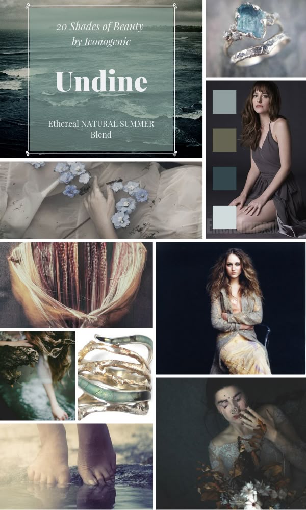 this image is a mood board with the title "undine" by iconogenic, part of "20 shades of beauty". it features a collection of images associated with an ethereal, natural, summer blend, including an ocean scene, jewelry, a photo of dakota johnson, images of flowers, feathers, and other elements related to nature and water. the mood board seems to be about the aesthetic of "undine," possibly as inspiration for a beauty collection.