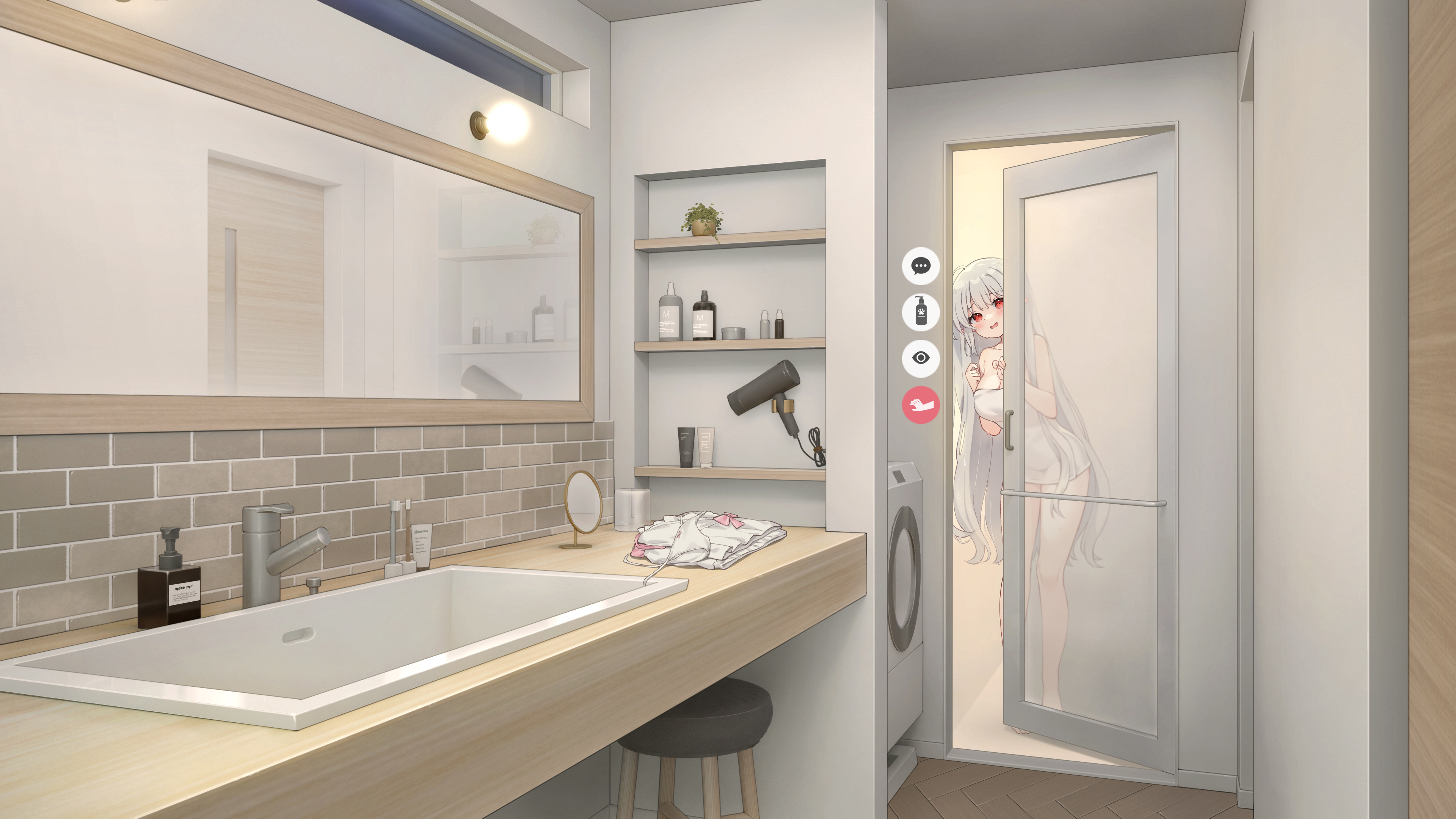 the image depicts a modern, minimalist bathroom with a light grey and white color scheme.  a young anime girl is visible through a frosted glass shower door, appearing to be on a video call, indicated by icons on the wall. the bathroom features a sleek sink, vanity, large mirror, shelves with toiletries, and a hair dryer.  the overall aesthetic is clean, spacious, and elegant. a small wooden stool sits beneath the vanity.  the style is a blend of modern design and anime illustration.