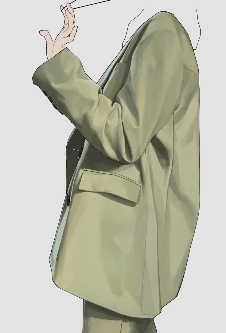the image showcases a digital painting of a fashion illustration. it depicts a person wearing an oversized, loosefitting, sage green blazer.  the focus is on the jacket's drape and texture, with details visible like the pockets and sleeves. a hand is subtly shown, gesturing near the shoulder, adding to the overall mood of understated elegance.  the style is minimalist and modern. the background is a neutral grey, keeping the focus solely on the garment and its rendering.