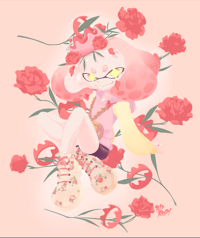 this is an illustration of an anime girl with pink hair and a crown of pink flowers on her head. she is wearing a pink and yellow outfit and boots. the background is filled with pink flowers and green leaves.