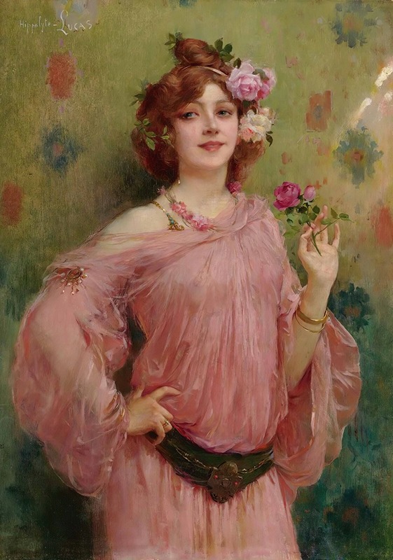 the painting depicts a woman in a pink dress adorned with roses and a floral crown. she wears a necklace, bracelets, and a belt, and holds roses in her hand. the background is a floral pattern.