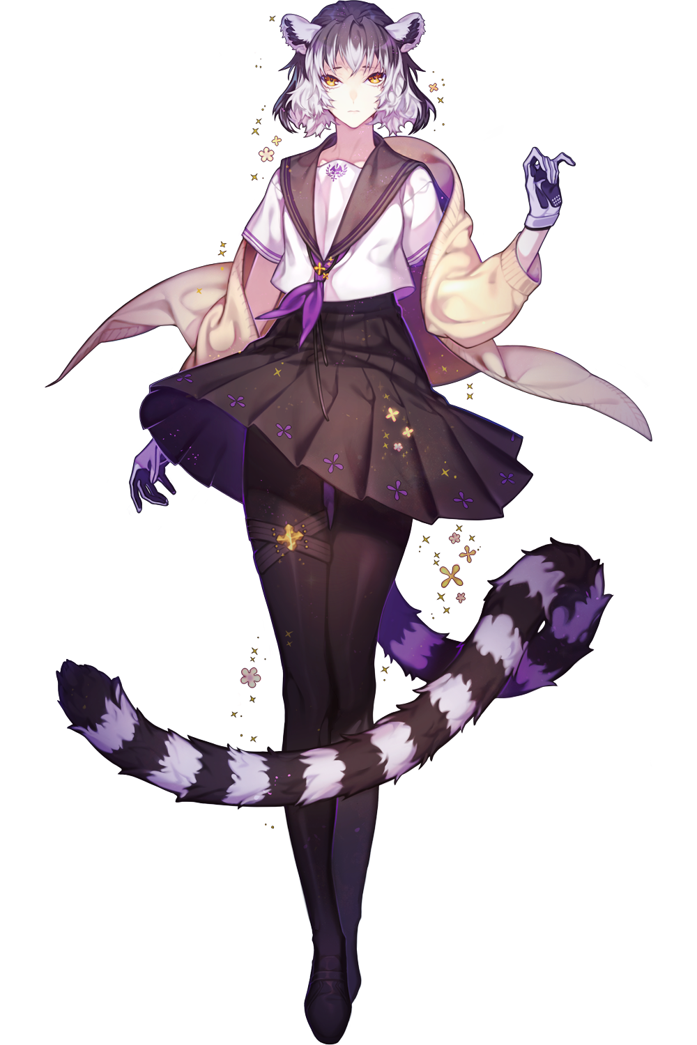 a young woman in an anime style school uniform is floating in the air with a long, fluffy, black and white tail. she has cat ears and looks magical.  she is surrounded by little white flowers with a slight purple glow in the background.
