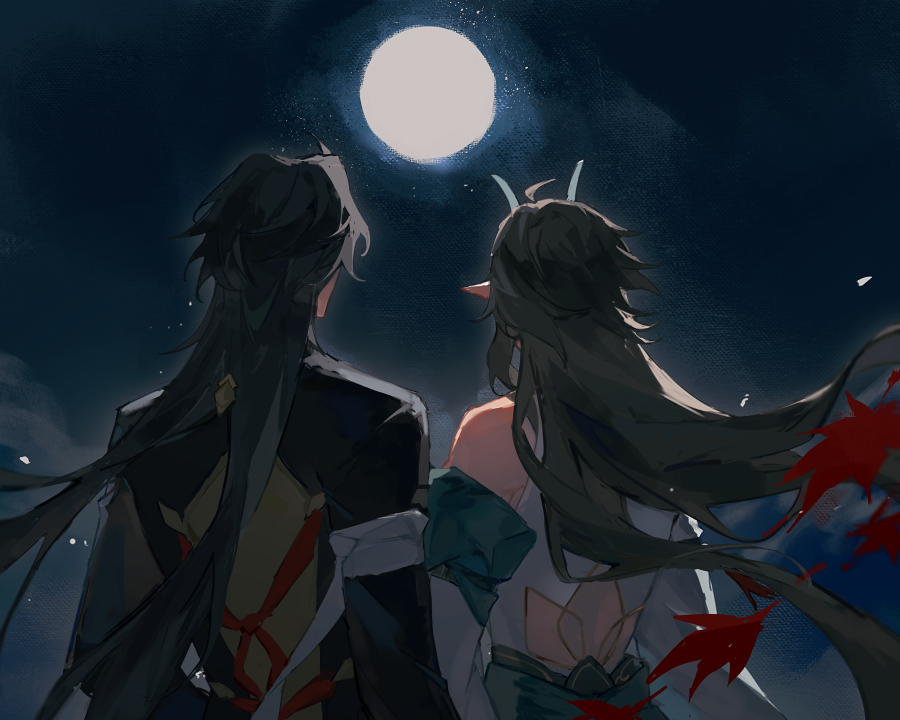 the image shows two anime characters standing under a full moon. the characters are a male and female. the male character is wearing a black robe and has long black hair. the female character is wearing a white dress and has long black hair. the moon is large and bright, and there are stars in the sky. the image is set at night. the characters are looking up at the moon, and they appear to be in love.