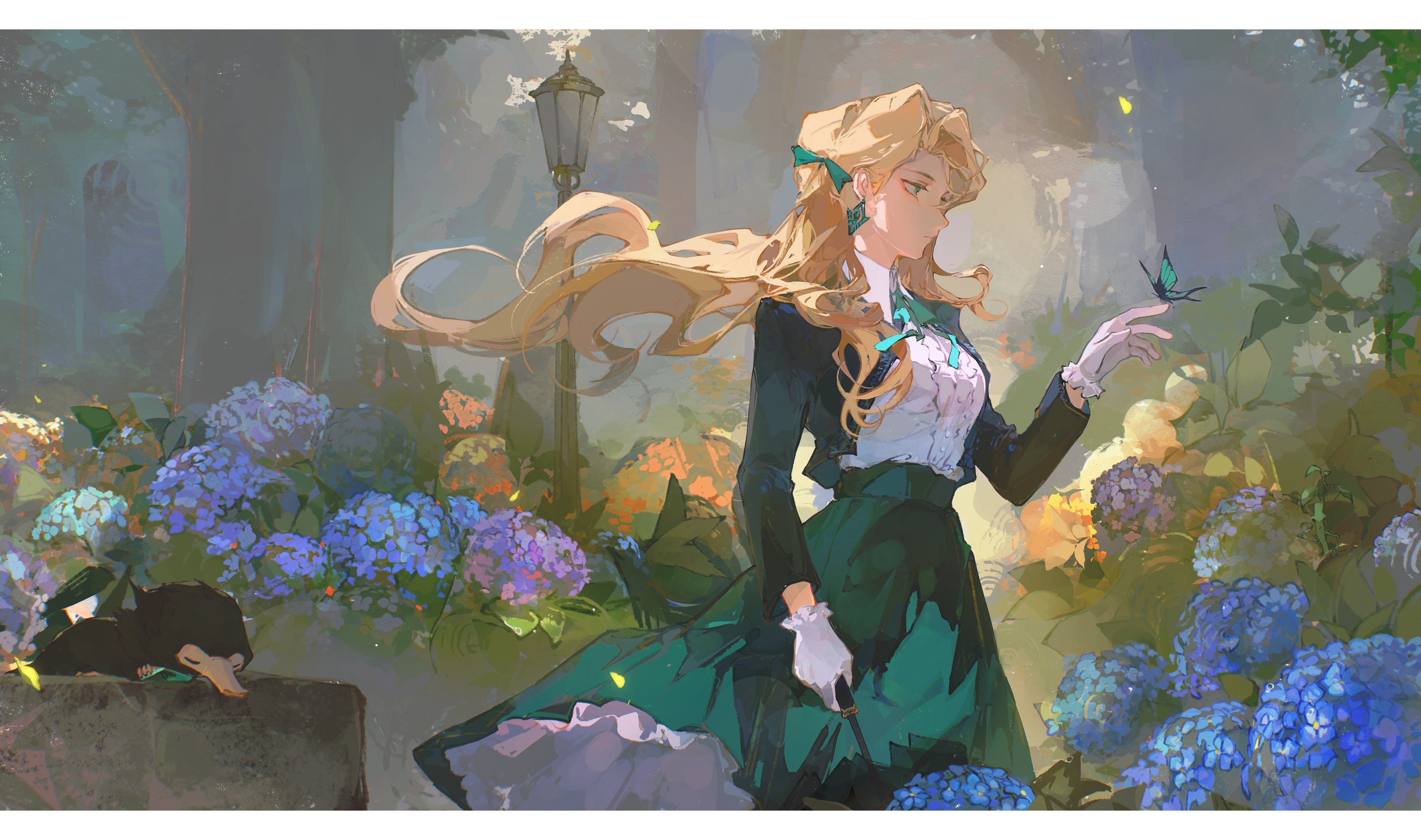 a blonde woman in an elegant green and white dress stands in a garden, surrounded by blue and purple hydrangeas. she holds a butterfly on her finger, and a black cat sits on a stone bench nearby. the scene is bathed in soft, natural light, creating a sense of serenity and peace.