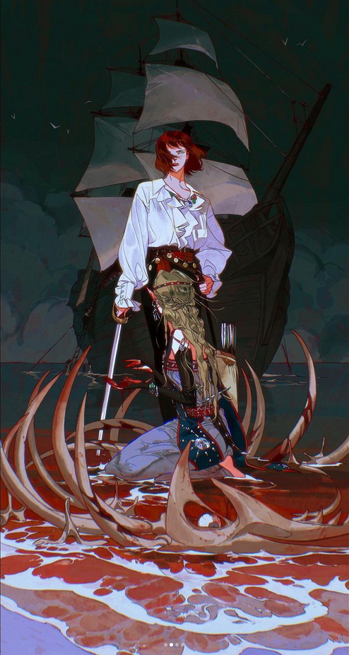 a fantasy illustration of a female pirate standing in the bloodred ocean. she's holding a sword and there are bones in the water. a large ship sails in the background.