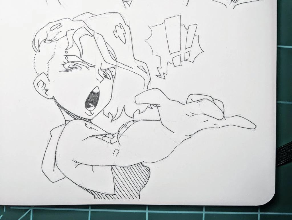 this is a pencil sketch of a female character from an anime or manga. she is drawn with a shocked or surprised expression.  her eyes are wide open, and her mouth is slightly open as if she is surprised or excited about something.  she has her hand up in the air, possibly as if she is gesturing or pointing at something off screen. the drawing is outlined in black pencil.