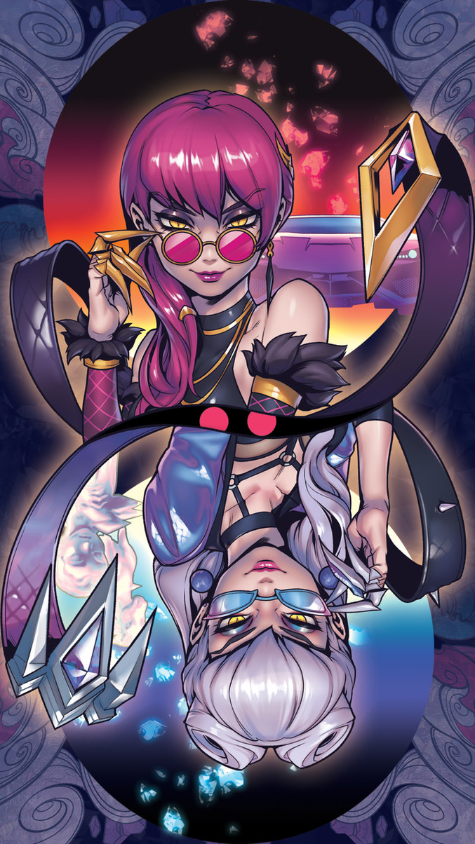 this is a digital illustration of two characters from the video game league of legends. the characters are jinx and vi, both depicted in their "arcane" show designs. jinx is the top character in the illustration and vi is the bottom character.  the background is dark and vibrant with contrasting pink, purple, and blue color hues. both characters are wearing shades, looking off to the side. jinx is holding a weapon, while vi has her hand outstretched, possibly holding a weapon as well.