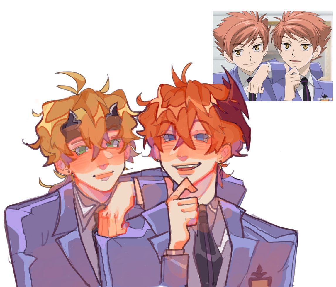 the image is a stylized fanart piece depicting two characters inspired by hikaru and kaoru hitachiin from the anime "ouran high school host club".  the art style is soft and slightly abstract, with a pastel color palette emphasizing purples and oranges. the two boys are drawn in close proximity, implying intimacy and possibly a romantic relationship.  the original twins from the anime are included as a smaller inset image, allowing comparison between the original characters and the artist's interpretation.  the fanart features elements of "boys love" (bl) aesthetics with subtle suggestive details in their poses and expressions.  the overall impression is a cute and charming reimagining of the iconic twins.