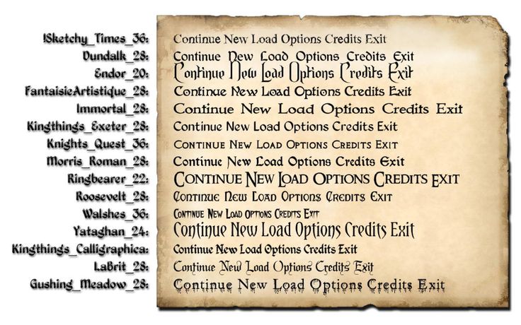 a vintagelooking game menu on a parchment background with the option "continue new load options credits exit" repeated 10 times with slightly varied font, capitalization, and spacing for each instance. the menu also includes a list of possible game saves to the left.