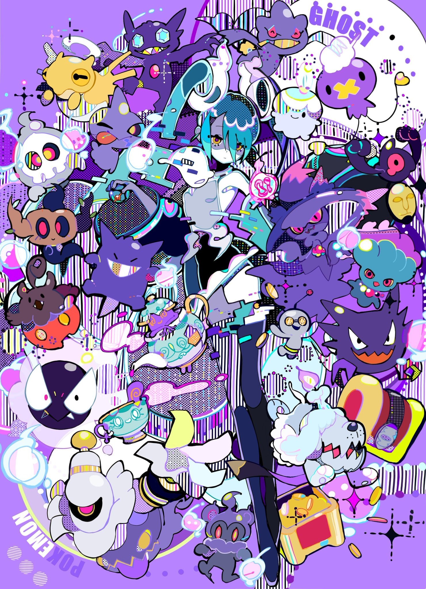 a vibrant and playful illustration featuring a multitude of pokémon, predominantly ghosttype, in a colorful, stylized aesthetic.  a central animestyle female character is surrounded by a dense collection of various ghost pokémon, all rendered in bright purple, pink, and white hues with a mix of graphic elements and a slightly distorted style.  the overall feel is both cute and spooky, suitable for fans of pokémon and anime art styles. the words "ghost" and "pokemon" are visible on the image.