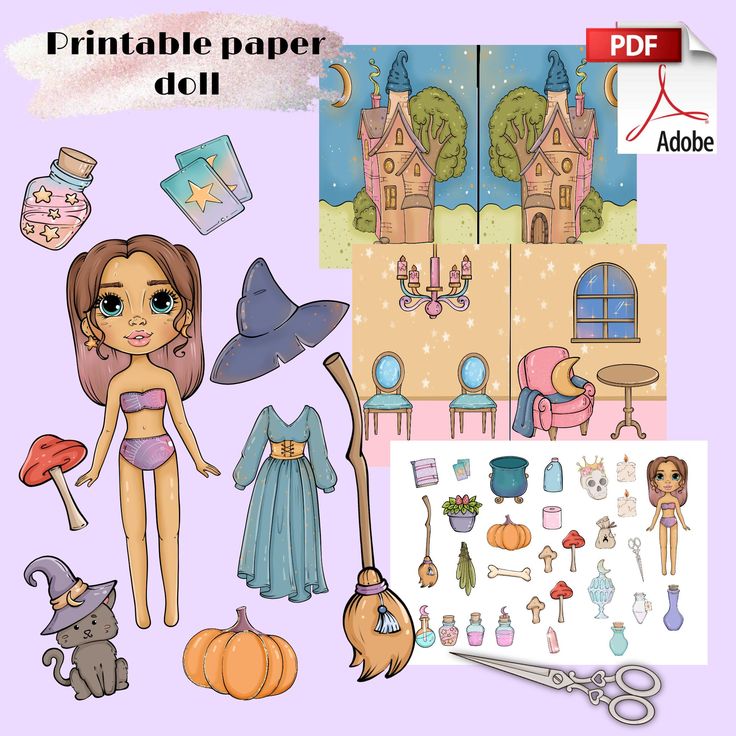 this image is a printable paper doll set featuring a witch theme. it includes a paper doll, dresses, a broom, a cat wearing a witch hat, a pumpkin, potions, a house backdrop, various furniture pieces, scissors, and other magical accessories like moon, stars, cards, mushrooms, cauldron, candles, skull, bone, plant, window, armchair, table, bottles.
