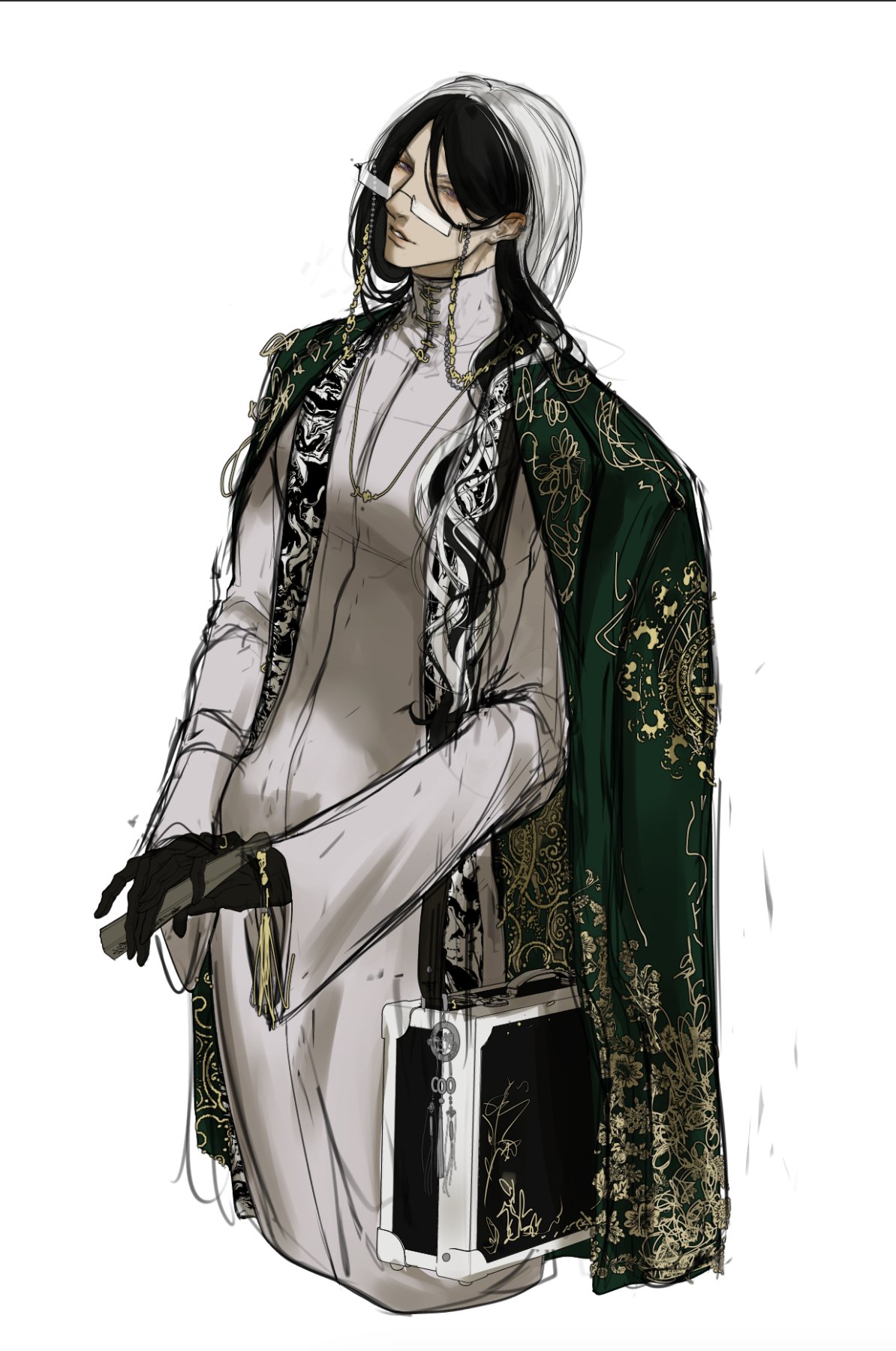 a digital art illustration of a beautiful anime woman with long black and white hair wearing a green and gold patterned robe.  she is holding a closed black box in her left hand and looking at the viewer.  she is  wearing gold jewelry, a white and black patterned undershirt, and glasses.