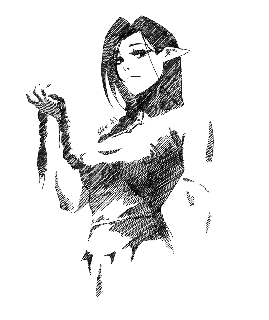 the image is a black and white sketch of a woman, possibly an elf, with long hair styled in a braid. she's wearing a dress and has a thoughtful or perhaps slightly melancholic expression on her face. the style is expressive and uses shading to create depth and form. the sketch is done with a loose, almost scribbly style, giving it a raw and spontaneous feel. the woman appears to be gently touching her braid with one hand. the overall atmosphere of the image is mysterious and slightly otherworldly.