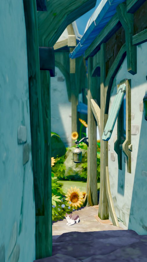 the image is a digital illustration or screenshot from a video game, depicting a narrow alleyway in a charming village. the alley is flanked by quaint houses with wooden beams and stone walls, painted in shades of teal, blue, and white.  sunflowers and other plants grow in small garden areas between the houses. a small cat sits on the ground in the sunlit part of the alley. the overall atmosphere is serene and peaceful, with a vibrant color palette and artistic style. the image suggests a fantasy or whimsical setting.