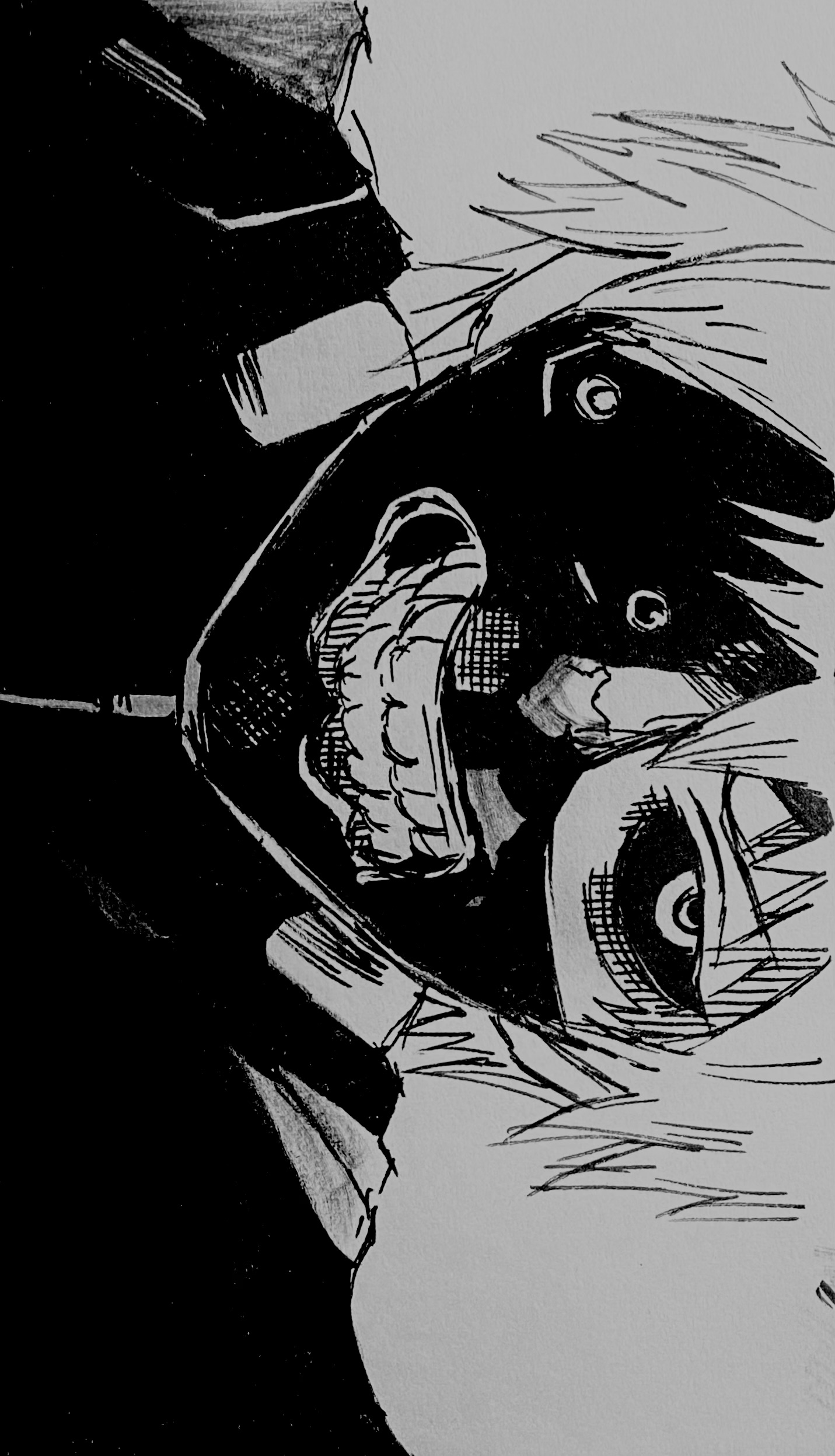 a black and white drawing of ken kaneki from tokyo ghoul.  the style is reminiscent of manga art, with heavy use of shading and linework to create a dramatic and intense image.  kaneki is depicted with his mask partially covering his face, revealing a fierce and somewhat frightening expression.  the detail in his teeth and eyes is striking, enhancing the overall feeling of aggression or despair. the composition is closeup and focused on kaneki's face and upper body. the background is dark and undefined, drawing attention to the character.