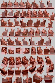 the image consists of grids of 3d human models in various sitting poses. each model is positioned on a simple chair, showcasing a wide range of natural and relaxed postures. the models are uniformly colored in a reddishbrown tone, and the chairs are a slightly lighter shade.  the background is a neutral gray, placing the focus entirely on the figures and their poses.