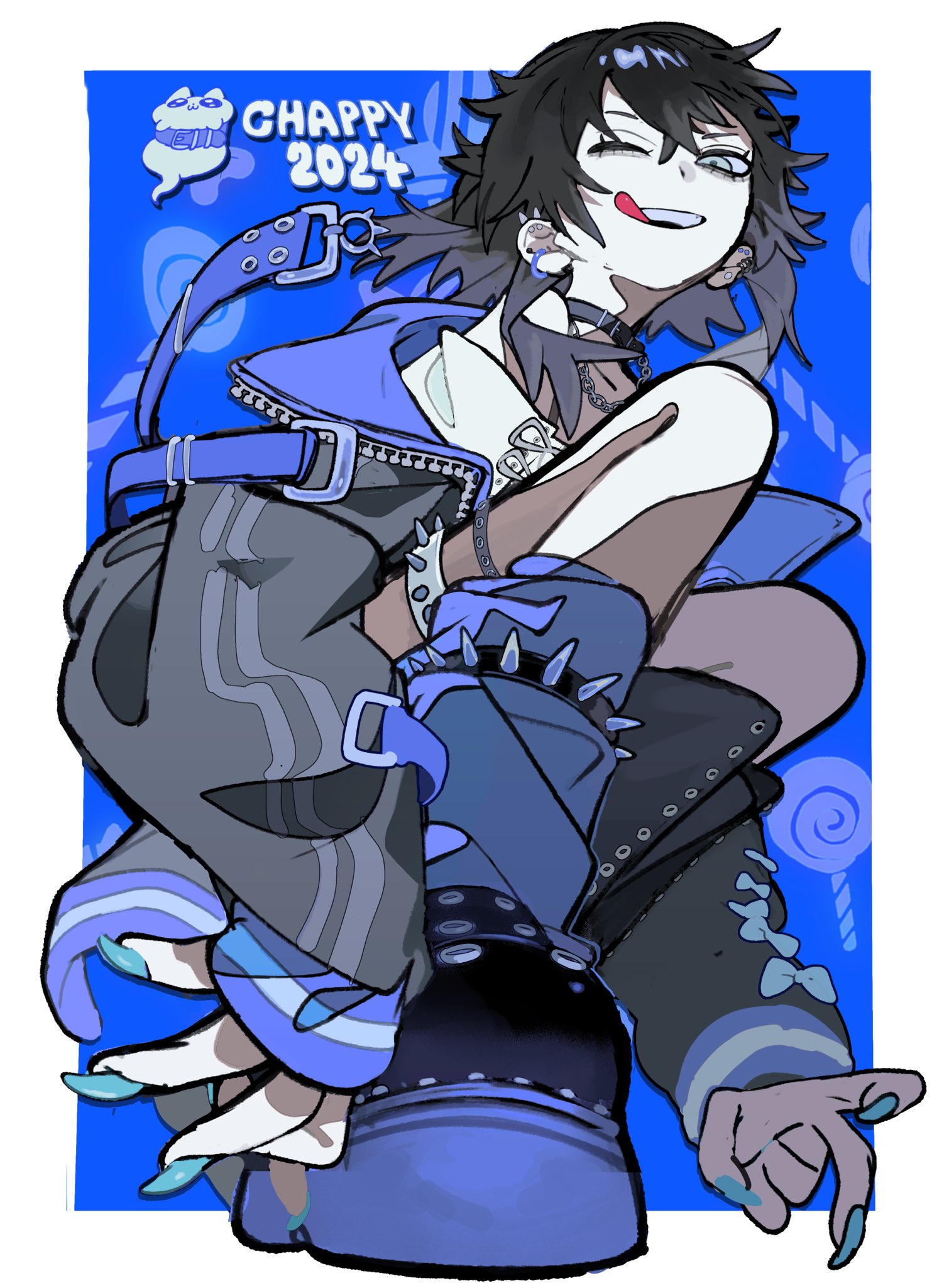 the image is a digital illustration of an anime girl with blue hair, wearing a blue jacket and black boots with spikes, she is smiling with her tongue sticking out and pointing a hand to the right. in the background, there are various elements including blue and white candy canes, lollipops, and a white ghost with the text "happy 2024" on it.  the art style is vibrant, with a lot of blue, black and white colors, conveying a whimsical and fun feel.