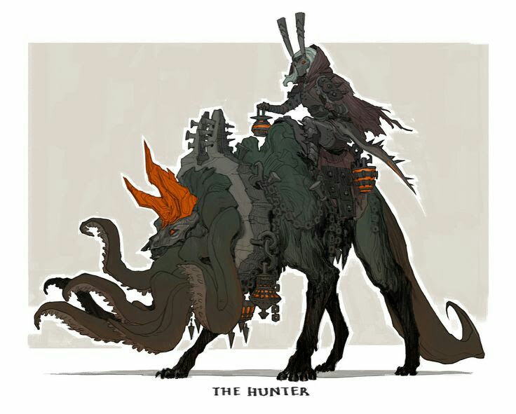 this digital illustration depicts a fantastical creature, a grotesque amalgamation of animal and machine. the creature's body is primarily black with some tan, and it has a long tail, several tentacles, and a large pair of horns. its rider is a humanoid figure with a dark hood and black clothing, and he wields a long, black weapon. the creature and rider appear to be hunting or patrolling, with a sense of danger and foreboding. the illustration is rendered in a dark, gothic style.