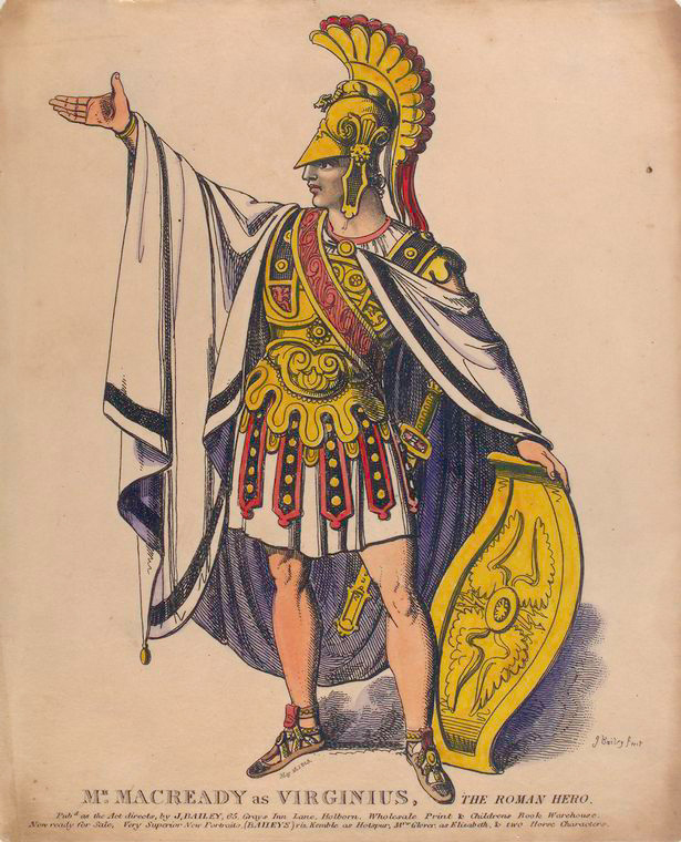 this is a print depicting the stage actor m. macready as virginius, a roman hero, in a theatrical costume. he wears a gold helmet, armor, cloak, and sandals, and holds a shield and sword. the print is likely from the victorian era and represents a scene from a theatrical performance based on roman history.