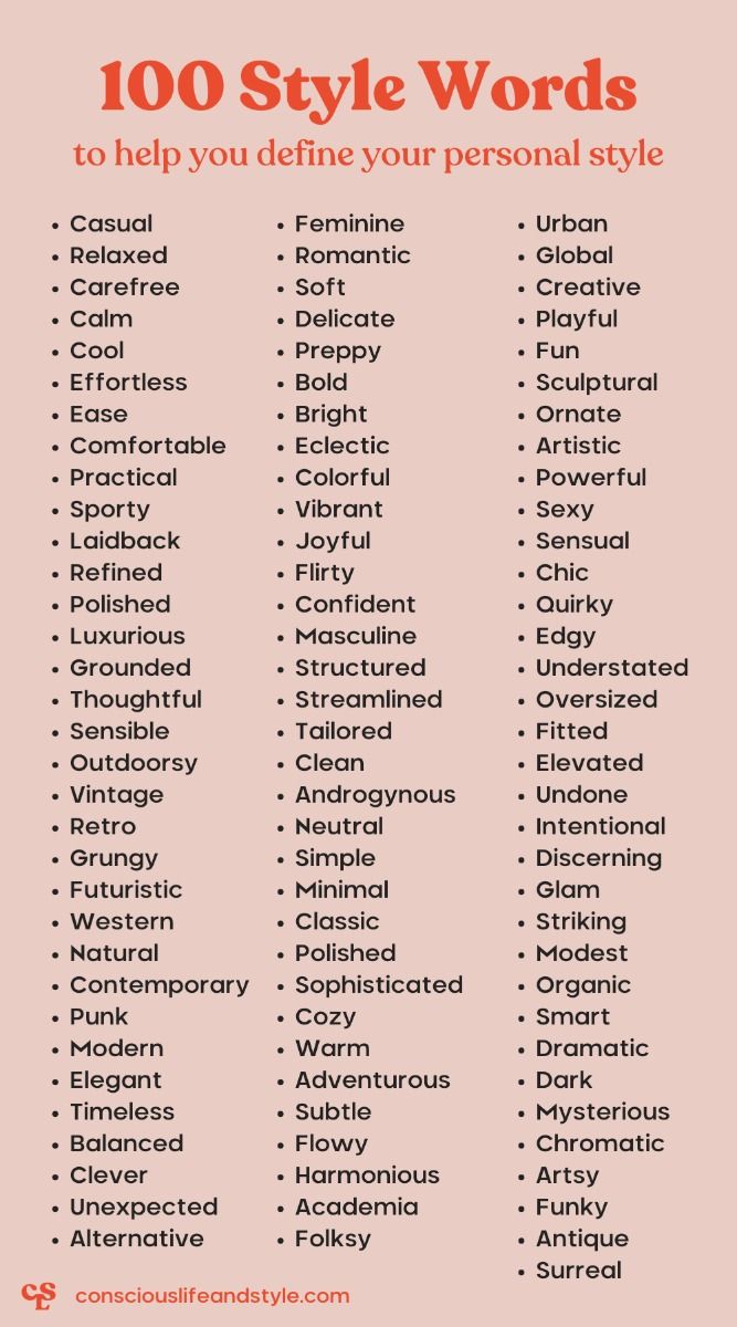 the image displays a list of "100 style words" designed to help individuals define their personal style. the words are arranged in three columns, each preceded by a bullet point. the categories range from general characteristics like "casual," "relaxed," and "feminine" to more specific descriptors such as "futuristic," "vintage," and "minimal." the list covers a wide array of fashion and aesthetic styles, with terms that can be used to describe various tastes and preferences in clothing and personal expression. the website "consciouslifeandstyle.com" is mentioned at the bottom of the image.