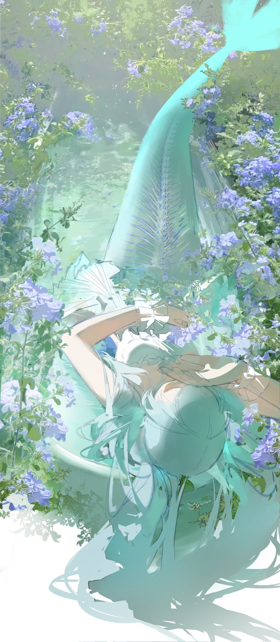 the image is a digital painting or illustration depicting a mermaid in a serene, dreamlike setting. the mermaid, with long, flowing turquoise hair, is reclining in a bathtublike structure that's nestled amidst lush purple and green flowers. her tail is partially visible, merging with the water, and her overall expression is one of calmness and peace. the color palette is primarily soft pastels of blue, green, and purple, contributing to the dreamy atmosphere. the style of the art is ethereal and whimsical, evoking a fairytale or fantasy feel.  the scene is carefully composed to emphasize the delicate beauty of the mermaid and the peaceful environment.