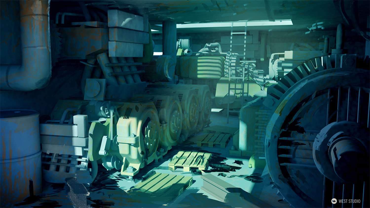 the image shows an industrial engine room. there are large machines and engines in the room, as well as pipes and other industrial equipment. the room is dimly lit and has a greenishblue tint. the floor is wet in places and there are some pallets stacked up against the wall. the overall impression is one of abandonment and decay.