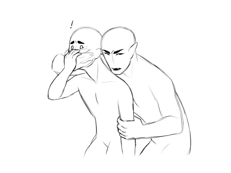 this is a line drawing of two people, one is hugging the other from behind. the person being hugged is covering their mouth with their hand and their eyes are wide, as if they are scared or surprised. the person hugging them has one hand on the other person's arm and the other hand is resting on their side. this is a common base for a drawing, and can be used to draw a variety of scenes.