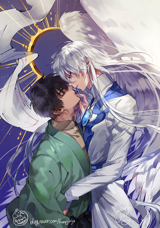 the image shows a male couple. the one on the right is an angel with white hair and white wings. he wears a white and blue dress and has a halo above his head. the male on the left is wearing a green kimono and has black hair. the angel leans down to kiss the boy. the background is a dark blue color with golden sparkles. the image has a romantic and gentle atmosphere.
