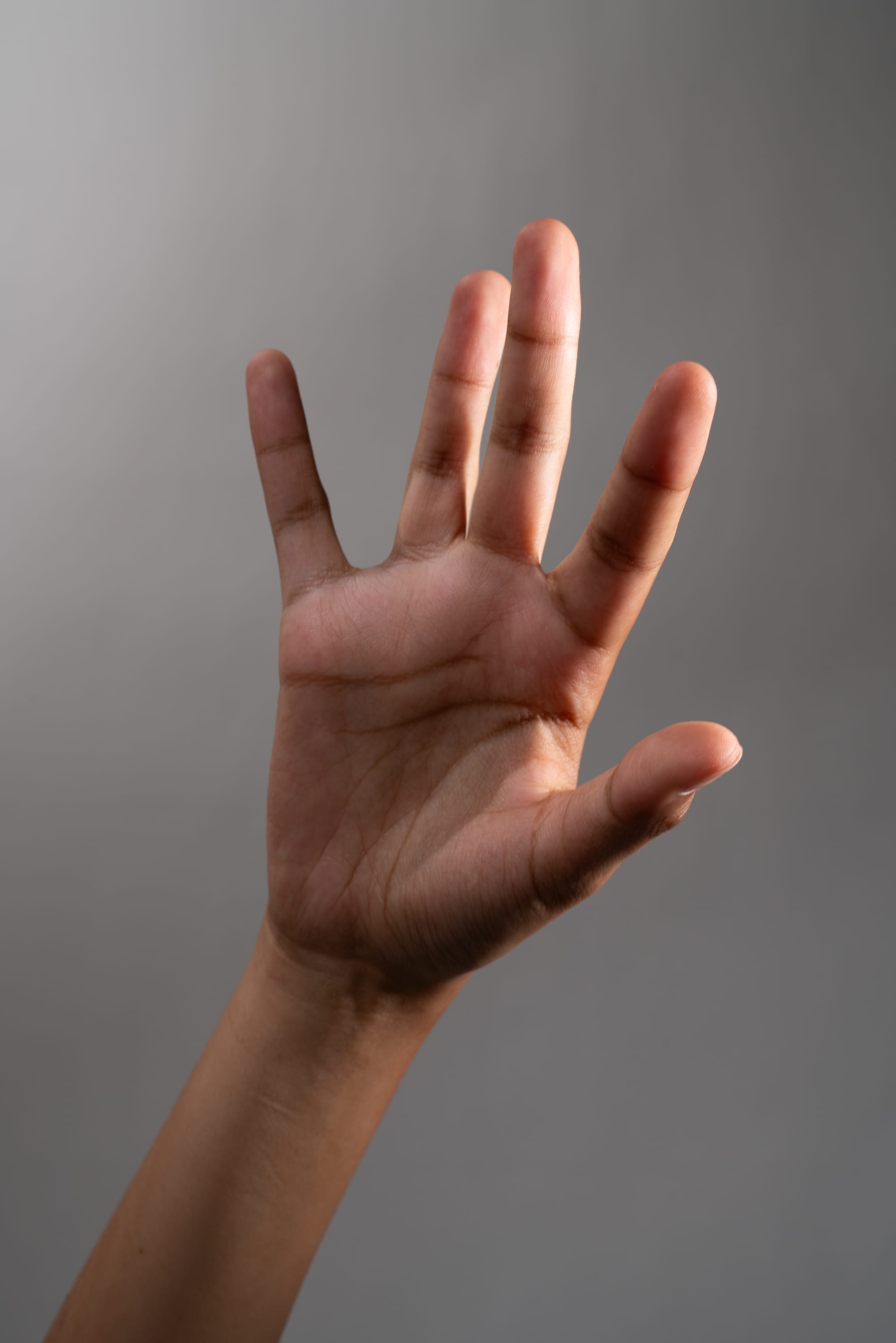 a hand is extended upward against a gray background, fingers splayed open. the light source is coming from above and slightly to the left. the hand is positioned in the center of the frame, creating a minimalist and visually striking image. the hand's gesture can be interpreted in various ways, such as a greeting, a signal to stop, or an expression of vulnerability.
