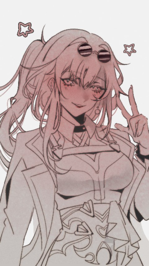 the image is a digital drawing of an animestyle girl. she has long pink hair styled in a ponytail, and is wearing glasses and a stylish outfit. she's making a peace sign with one hand, and has a slight blush on her cheeks. the art style is soft and slightly sketchy, with a pastel pink color palette. the background is plain white, drawing focus to the character. the overall mood is cute and charming.