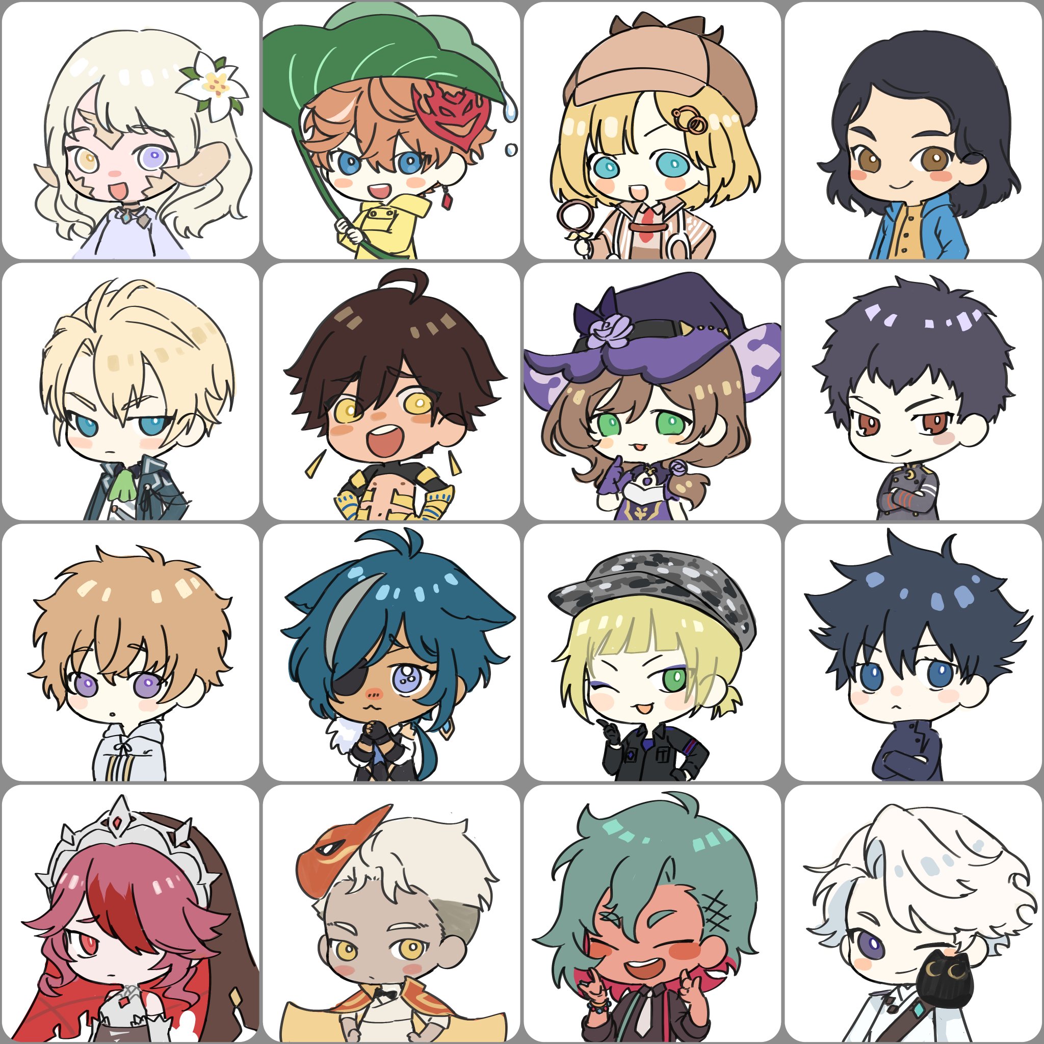 this image shows a grid of 16 different anime characters, each drawn in a chibi style. they are all different and unique, with a variety of hairstyles, clothes, and expressions. the overall style is very cute and playful.