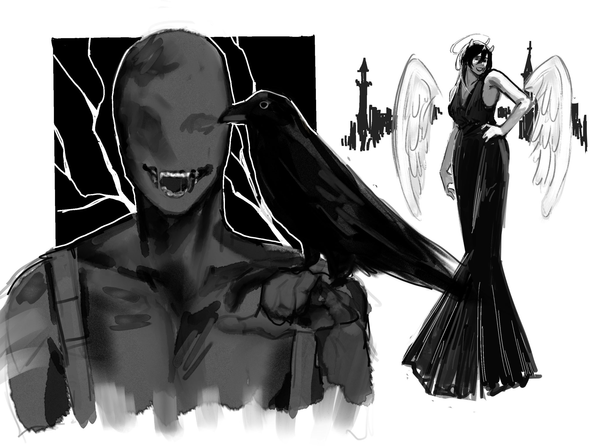 this black and white illustration depicts a dark figure, possibly a demon, with a crow perched on their shoulder. they are facing left while the figure of a woman with angel wings is facing right.  the woman wears a long black dress and a halo. the contrast between the light angel and the dark, menacing demon creates a striking visual impact.  this artwork is a sketch, with loose lines and a shadowy style.  the image evokes a sense of darkness, mystery, and possibly, a struggle between good and evil.