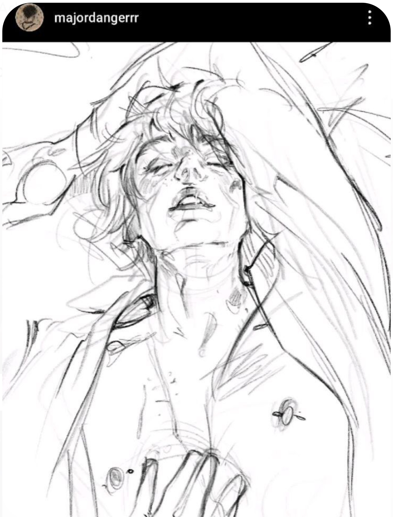 the image shows a black and white sketch of a young man. his eyes are closed, his head is tilted back, and his right arm is raised above his head. he appears to be lying down. the sketch is detailed and wellexecuted, with visible pencil strokes.