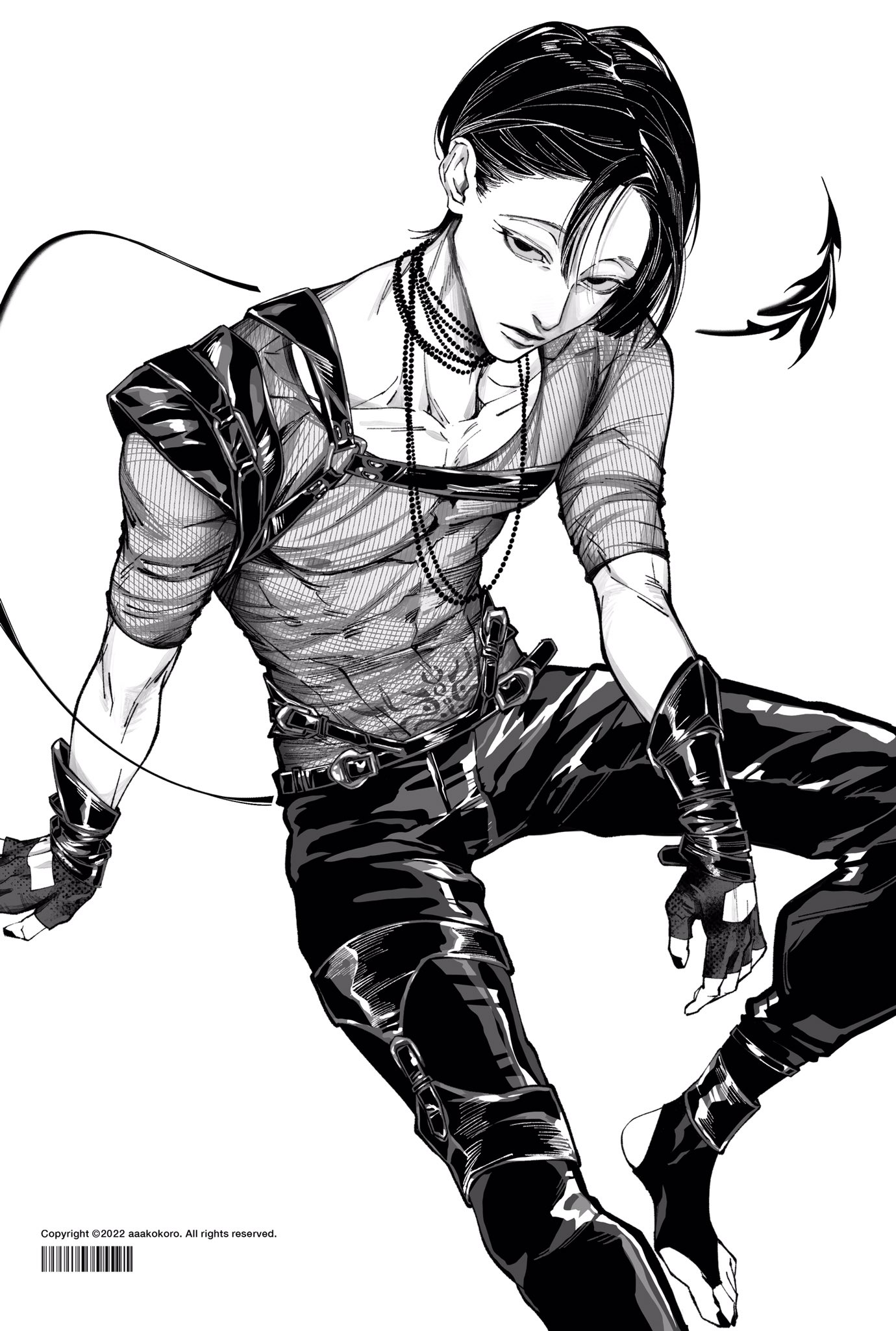 a black and white illustration of a young man with stylized demon horns and a tail. he is dressed in a punk or gothinspired outfit featuring a mesh top, leather pants with straps and buckles, fingerless gloves, and a choker with hanging chains. he has a neutral expression and is posed sitting down with his legs bent. the illustration is drawn in a manga style with detailed linework and shading.