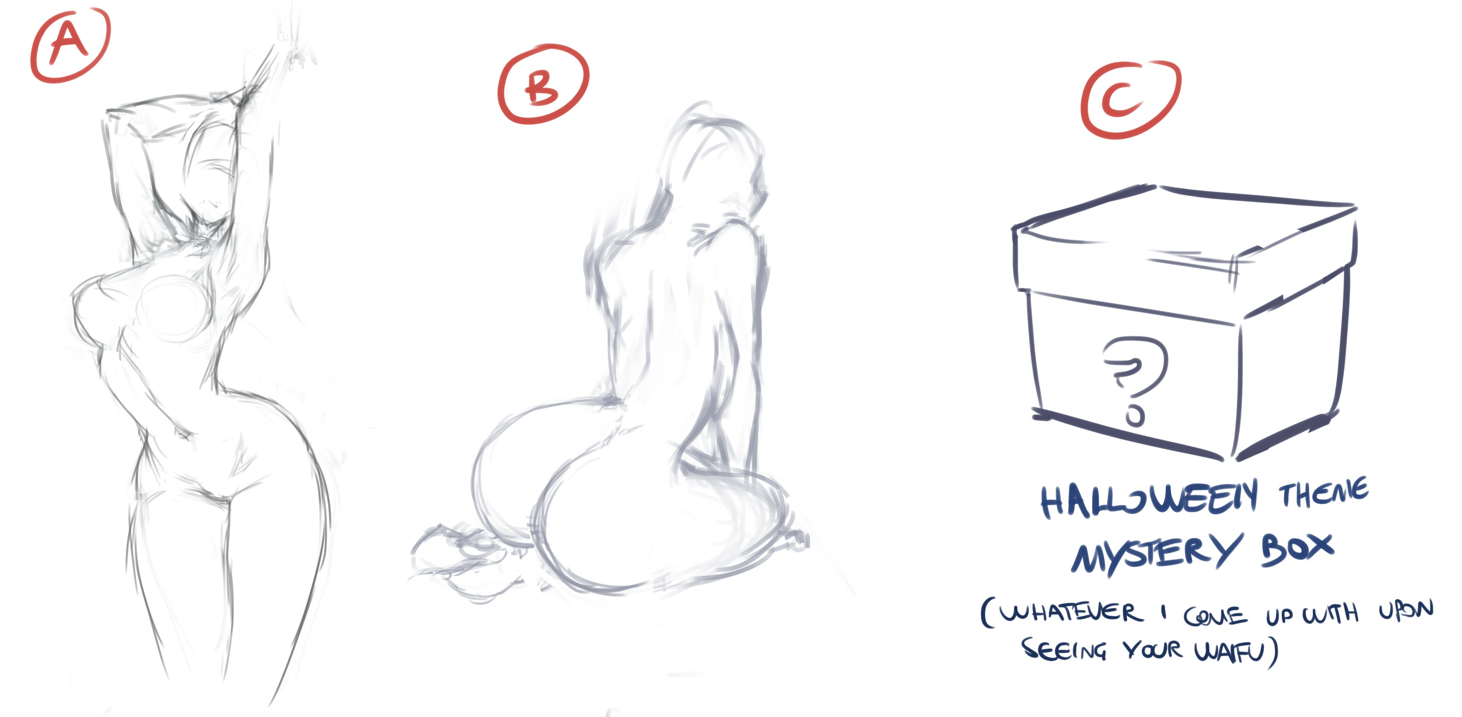 the image is a simple, black and white sketch on a white background. there are three distinct sections. "a" and "b" are sketches of female figures from different angles. "c" depicts a box with a question mark on it, labeled as a "halloween theme mystery box."  text below the box suggests the artist will draw something upon seeing the viewer's "waifu," implying a character design challenge.