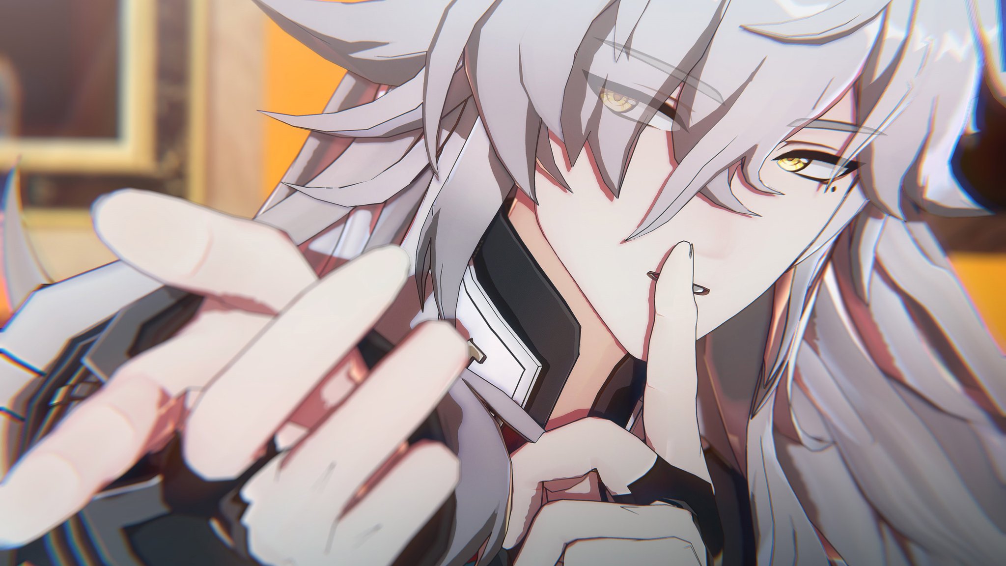 a closeup portrait of a young anime male character with white hair and yellow eyes. he is wearing a dark outfit with a white collar and a black tie. he has his finger on his lips, as if he is asking someone to be quiet. he has a serious and mysterious expression on his face. the background is blurry, and the lighting is dim. the artwork is digital and stylized.