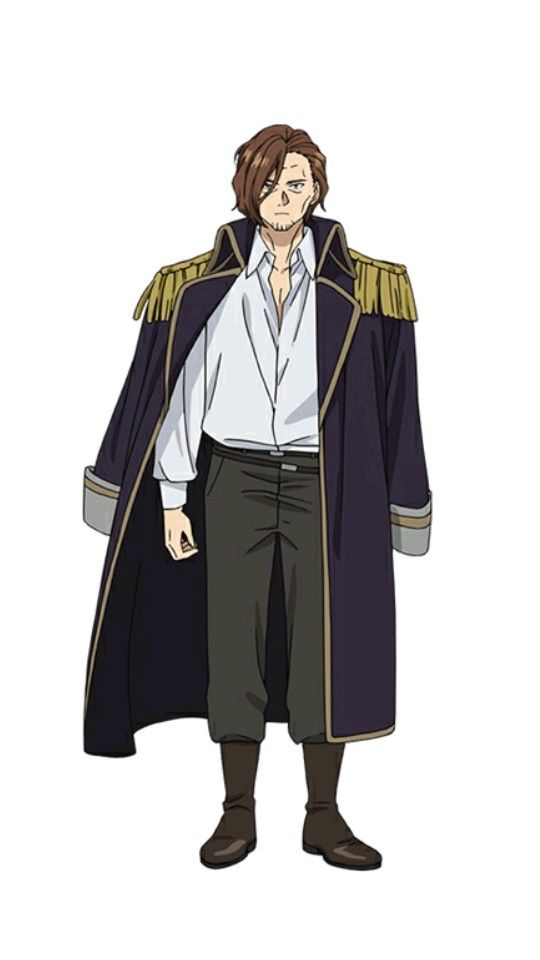 an anime character with brown hair and a dark coat. he is wearing a white shirt and dark pants. he has a serious expression on his face and is standing with his arms at his sides.