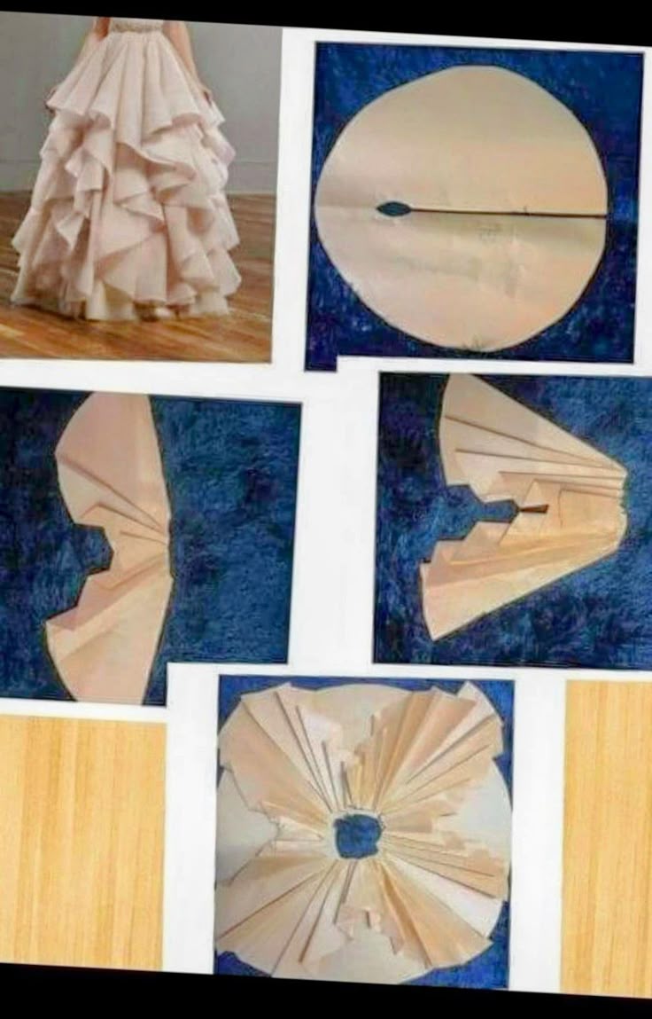 the image displays a fashion design process, showcasing a layered ruffle gown alongside diagrams illustrating how to create a similar dress using sewing patterns. it demonstrates dressmaking, clothing design, and fashion design elements.