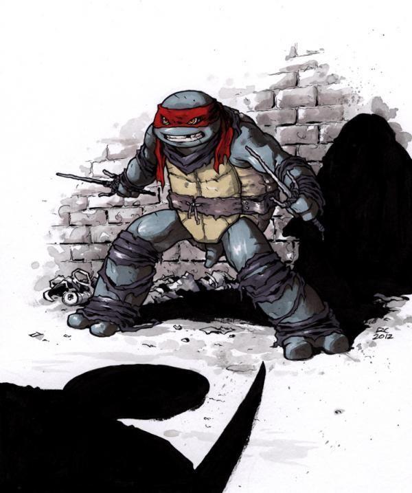 this is a black and white illustration of a teenage mutant ninja turtle (tmnt). the turtle is facing the viewer and is drawn in a dynamic action pose, with his weapons drawn and his expression fierce. the setting is a gritty urban alleyway, with brick walls and shadows.  the art style is reminiscent of classic comic book art.