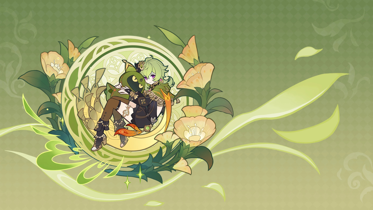 this is a digital art illustration. it features a greenhaired, greeneyed female character with a green and black outfit. she has her arm around a dark green furry creature. she is sitting in a green crescent moon surrounded by yellow flowers.
