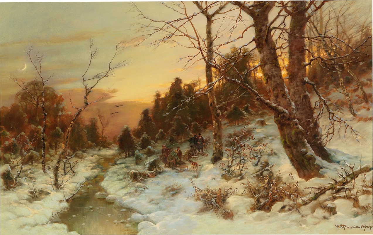a painting by d. thomassinmilhedt depicts a winter landscape at sunset. a stream meanders through the snowy terrain. a hunting party with hunters and dogs is visible in the distance. the sky is a warm orange hue with a crescent moon and birds flying. trees, some bare and others with snowcovered branches, dominate the scene.