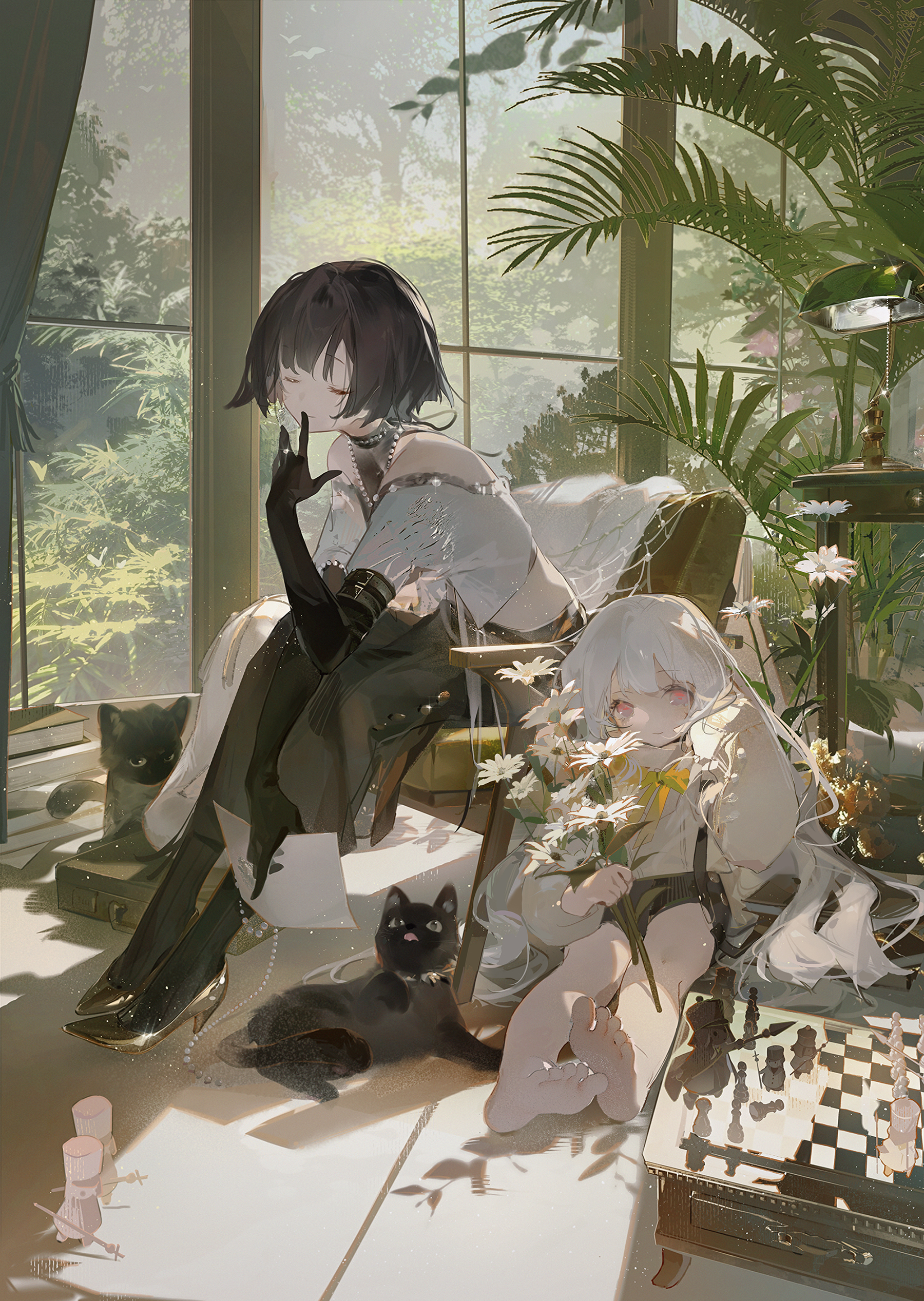 the image is a digital painting or illustration depicting two animestyle girls in a sunlit room. one girl has black hair and is dressed in elegant dark clothing, sitting in a chair with a black cat nearby. the other girl has long white hair and wears lighter colored clothing, sitting on the floor with a bouquet of daisies. another black cat is sitting on the floor beside them. a chessboard sits on a table in the lower right corner of the image, adding to the peaceful and slightly whimsical atmosphere. the room is adorned with plants and has large windows letting in plenty of natural light. the overall style is delicate and dreamy, suggesting a serene and peaceful scene.