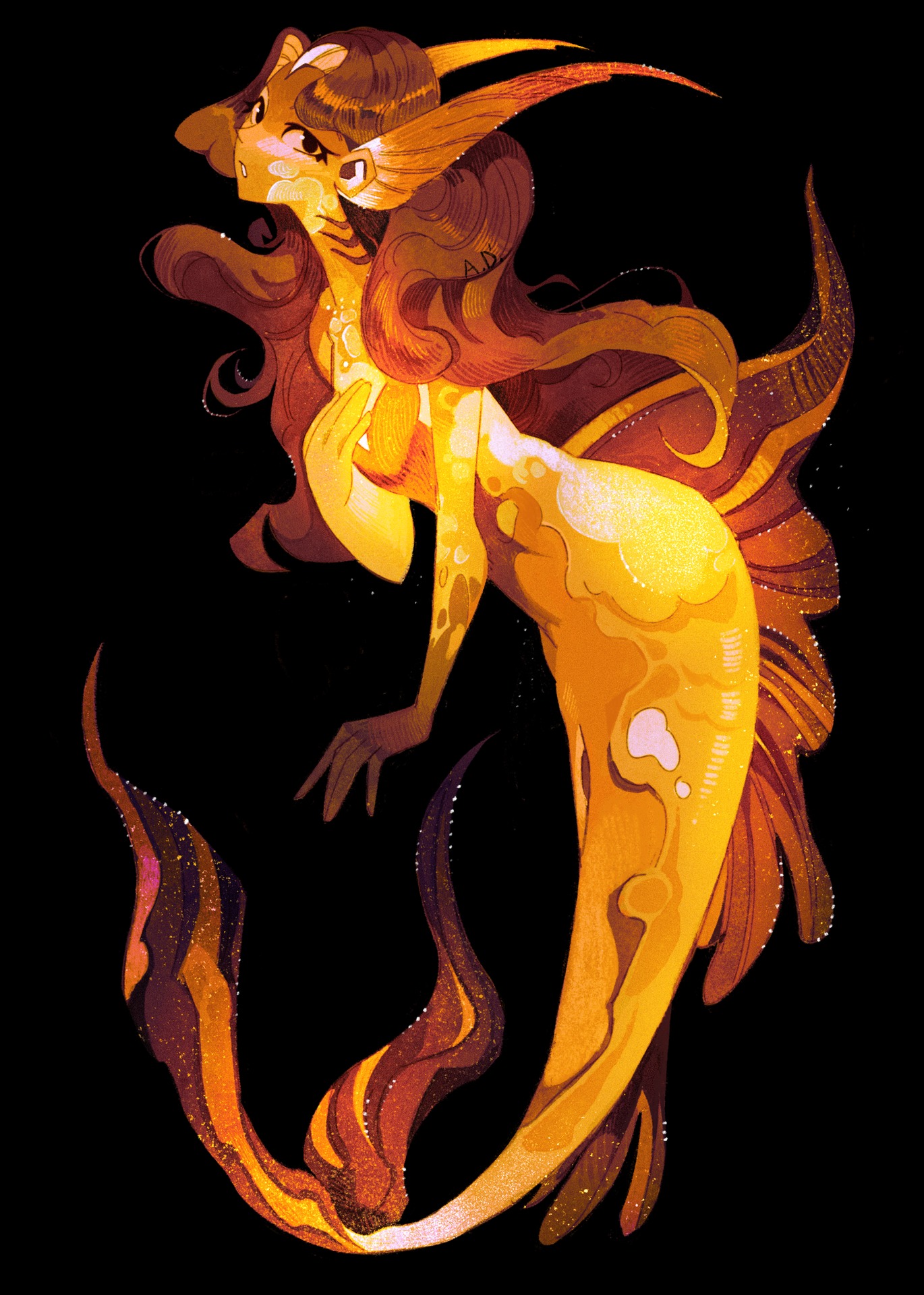 the image is a digital painting of a fantasy mermaid. she has long, flowing brown hair and a golden, orange, and brown fishlike tail that shimmers and glows. her skin is a similar golden hue, with subtle variations in tone.  the mermaid's upper body is humanoid with elegant features, while her lower body transitions into a detailed, stylized fin. the overall style is painterly and evocative, with a focus on light and texture. the dark background emphasizes the luminous qualities of the mermaid.  the artist's signature is faintly visible on her hair.