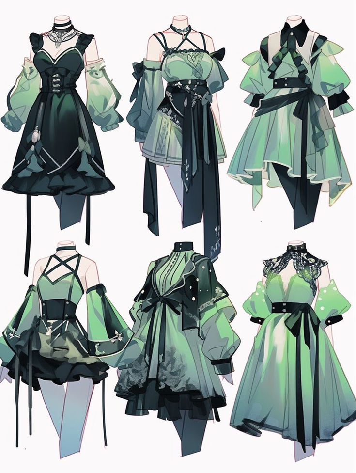 a digital illustration showcasing six variations of a green and black dress design. each design features unique elements such as puffy sleeves, bows, ruffles, and different skirt lengths. the outfits are presented on featureless mannequins against a white background.