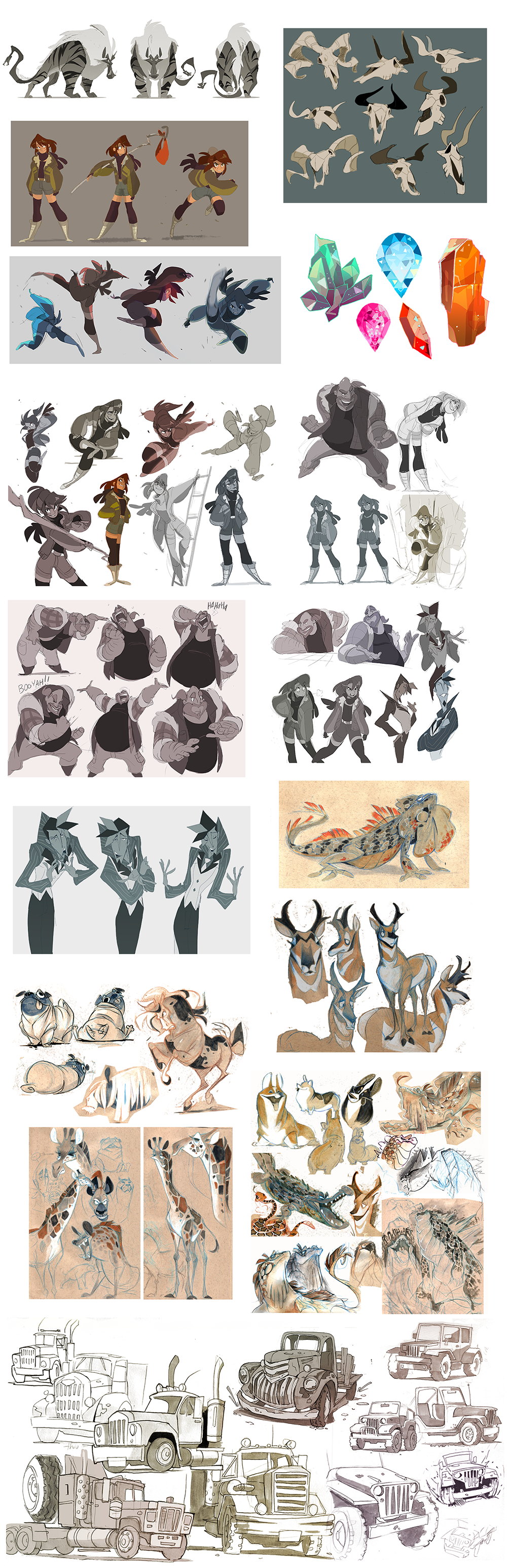 this is a collection of character designs, animal sketches, and vehicle sketches.  the designs are created in various styles, with a focus on creature design. there are sketches of trucks, cars, and other vehicles.  it appears to be an artist's portfolio or sketchbook.  it's a great example of creative work.