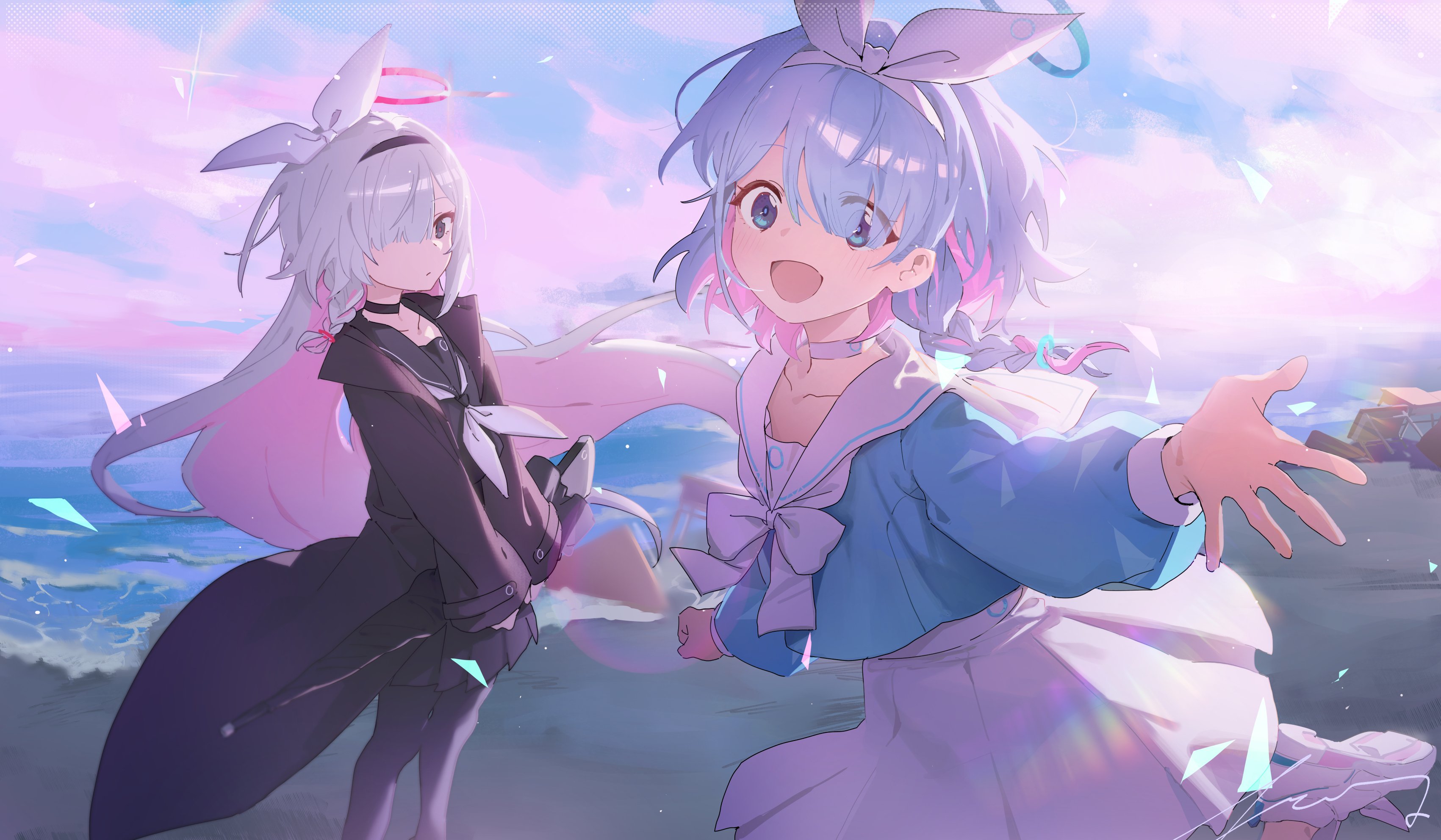 the image showcases two anime girls at the beach during a pastel sunset. one girl has long, flowing silver hair with a pink bow, wearing a dark coat over a school uniform. the other has short, light blue hair with pink accents and a light blue sailorstyle outfit. she's extending her hand towards the viewer in a welcoming or inviting gesture. the overall style is dreamy and magical, with sparkles and light effects enhancing the scene.  the background depicts a calming ocean and sky with soft, pasteltoned clouds. the art style is soft and detailed, with a focus on soft lighting and colors.
