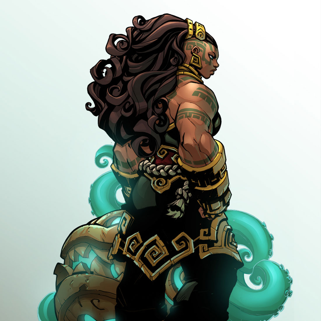 a powerful female warrior with dark brown hair, muscular build, and tribal tattoos is depicted in a fighting stance.  she is dressed in ancient greek style with gold, red, and black garb and has a gold headpiece.  she stands in front of a swirling mist that is teal in color.  the woman's strong and powerful stance suggests that she is a formidable opponent in battle.  the image is set in a fantasy world, with ancient elements like her clothing and the swirling mist.  the art style is realistic and detailed, with strong linework and contrasting colors.